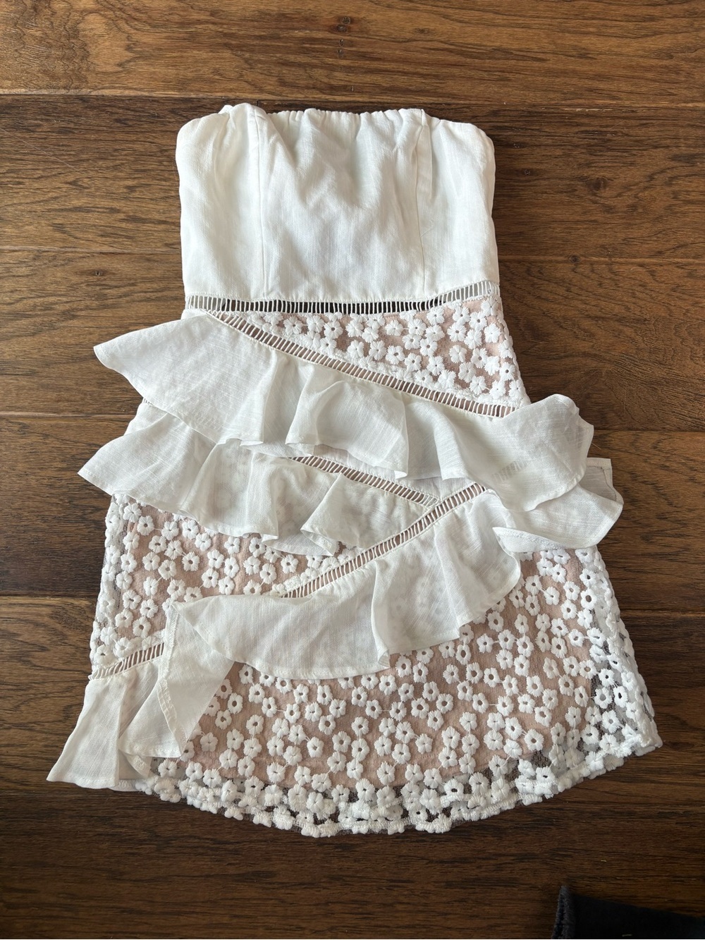 Strapless White Mini Dress with Floral Lace & Ruffle Trim
